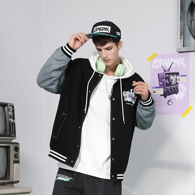 GENANX Loose Fit Baseball Jacket Unisex Black-2