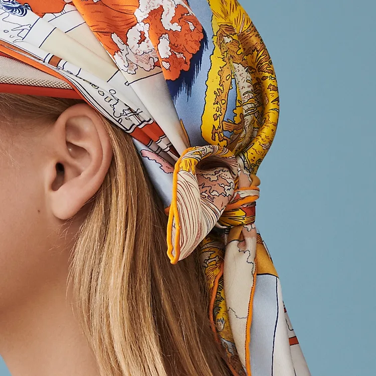 HERMES Rendez Vous Galan Silk Scarf Women's Orange-1