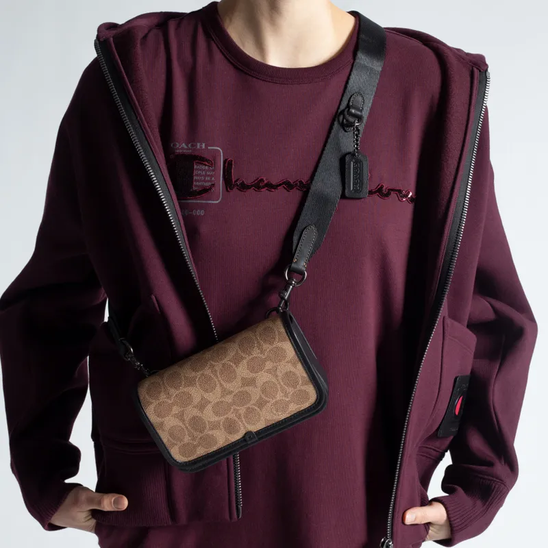 COACH Charter Canvas Calfskin Mobile Phone Crossbody Bag Small Size Men's Umber-4