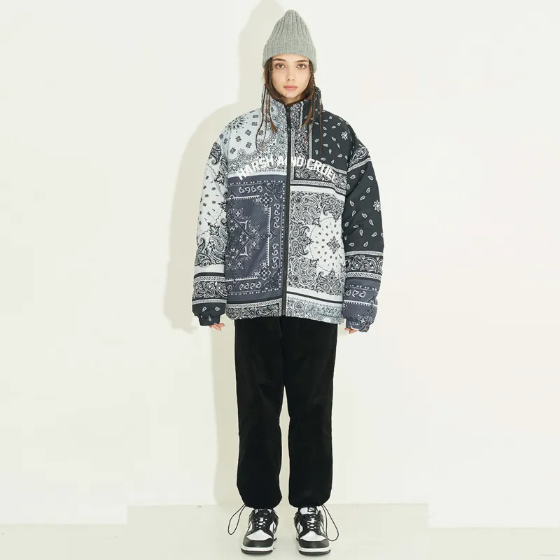 HARSH AND CRUEL Abstract Pattern Solid Color Stand Collar Loose Fit Thickened Puffer Jacket Unisex Black-4