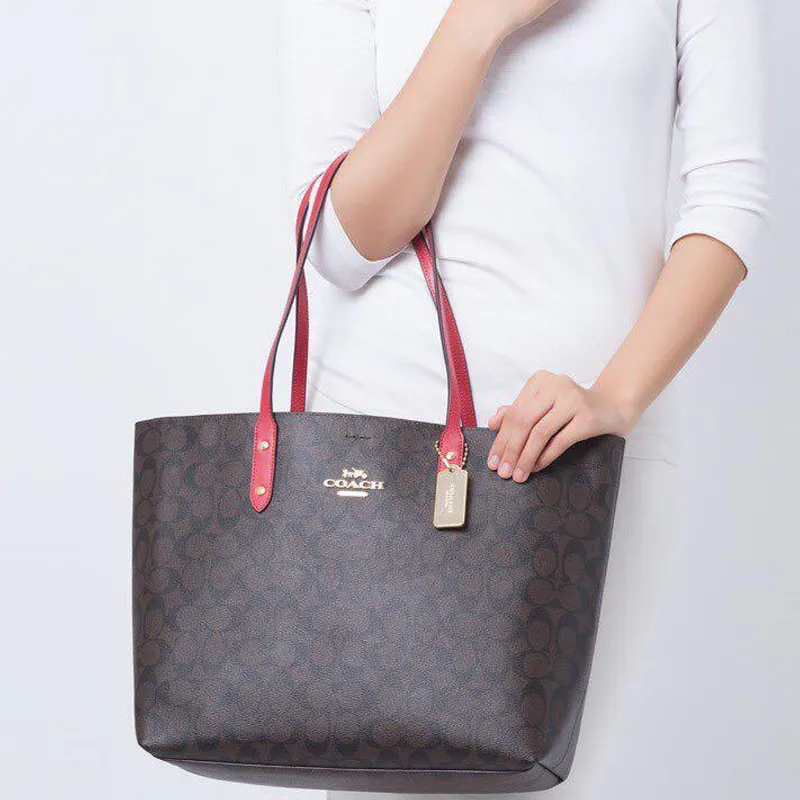 COACH Canvas With Leather Tote Large Size Women's Dark Khaki With Pink-5
