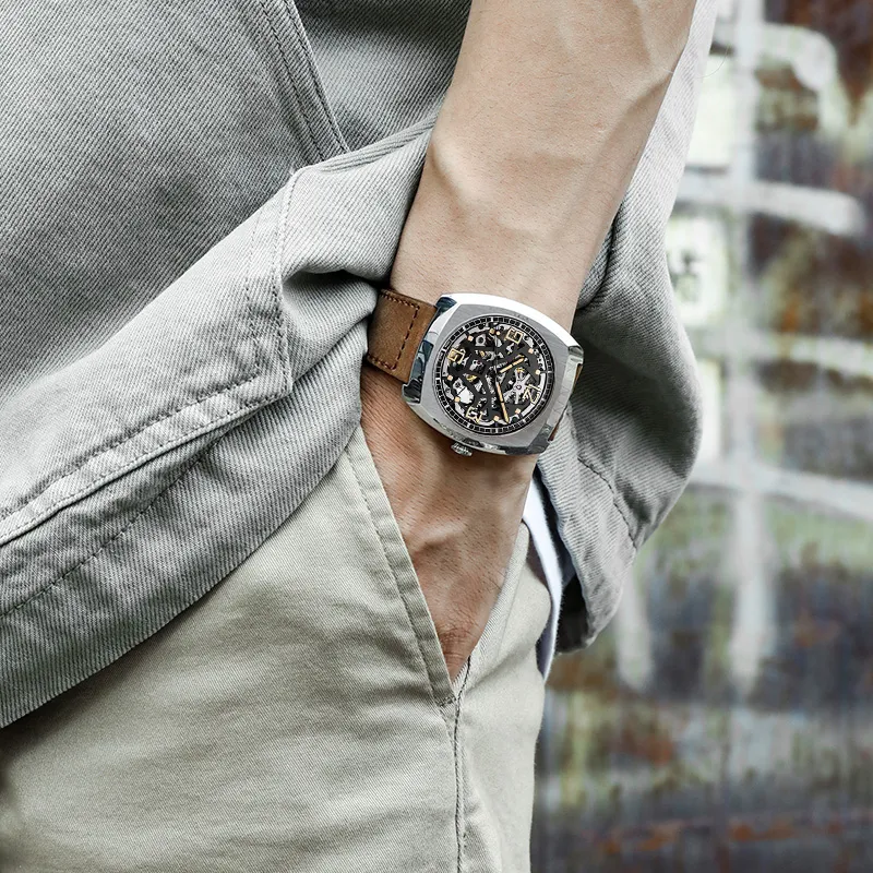 Sea Gull Automatic Mechanical Movement Cow Leather Strap Watch Men's Watches Cut Out Dial-4