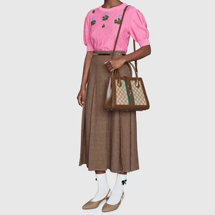 GUCCI Jackie 1961 Canvas With Leather Trim Tote Handbag, Shoulder Bag Medium Size Unisex Brown-7