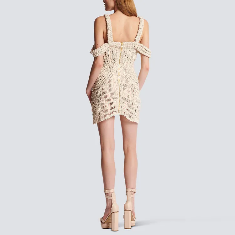 BALMAIN Off Shoulder Macrame Knit Dress-2