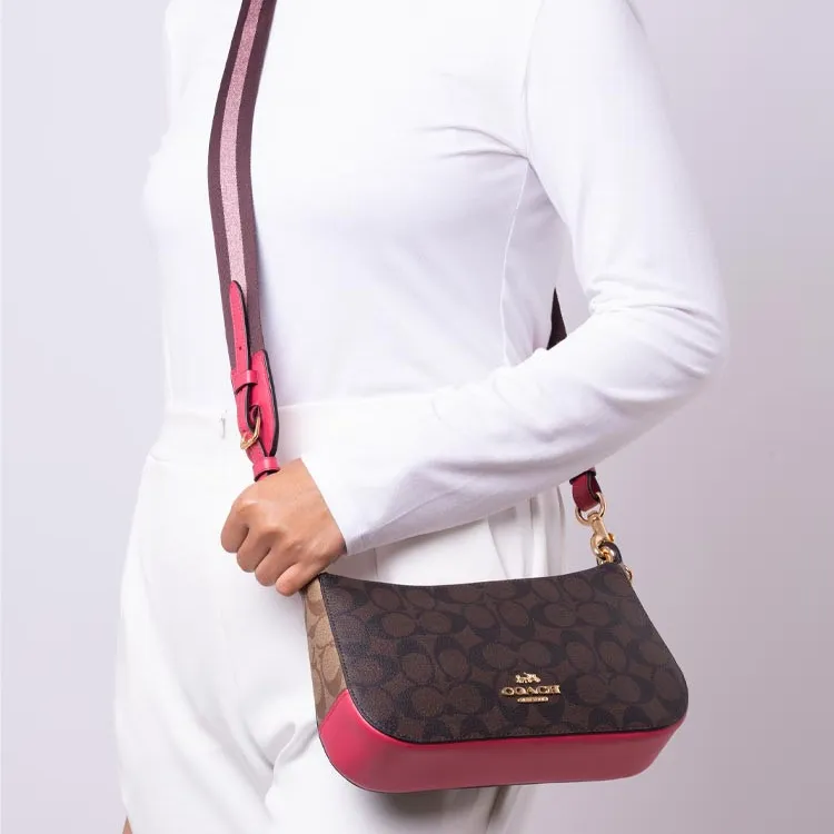 COACH Jes Canvas With Leather Shoulder Bag, Crossbody Bag Medium Size Women's Dark Brown & Bright Pink-3
