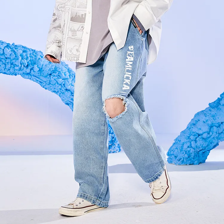 LAMLICKA Ripped Pants Jeans Unisex Blue-4