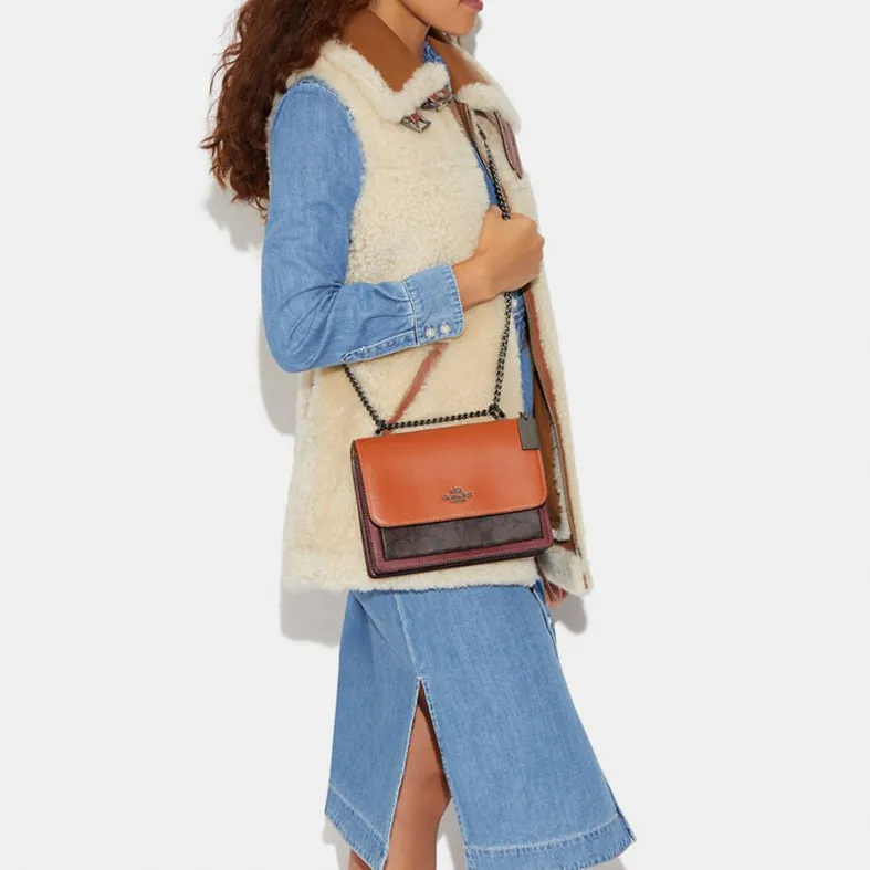 COACH Klare Cow Leather Chain Bag Shoulder Bag Crossbody Bag Small Size Women's Late Sunset & Antique Brown-4