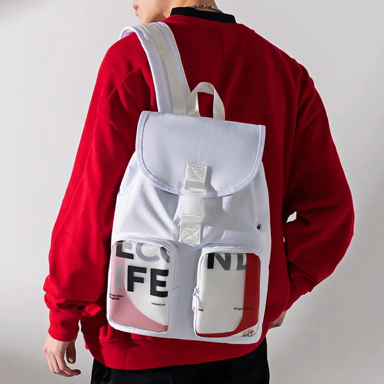 TURN UP Nylon Backpack Large Size Unisex White-5
