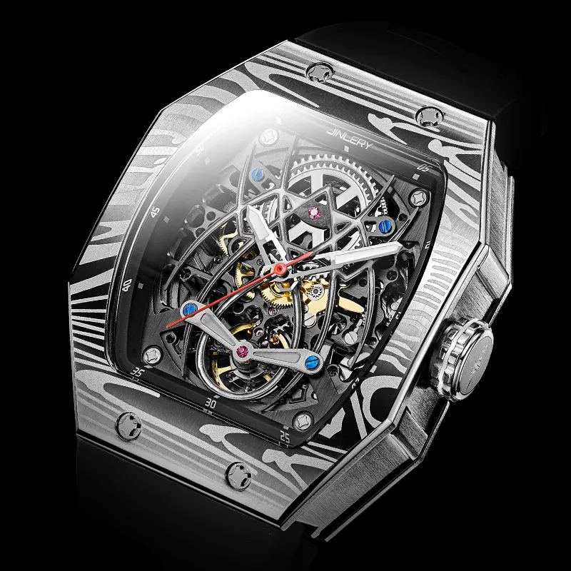 JINLERY Spider Collection Automatic Mechanical Movement Silicone Strap Watch Men's Watches Cut-Out Dial-5