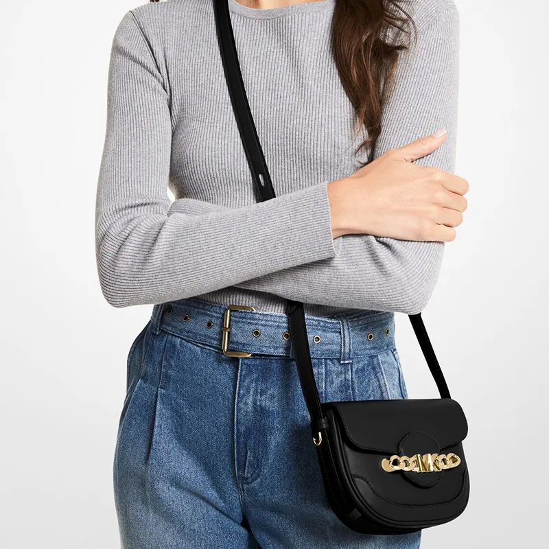 MICHAEL KORS Hally Leather Saddle Bag Crossbody Shoulder Bag Women's Black-3