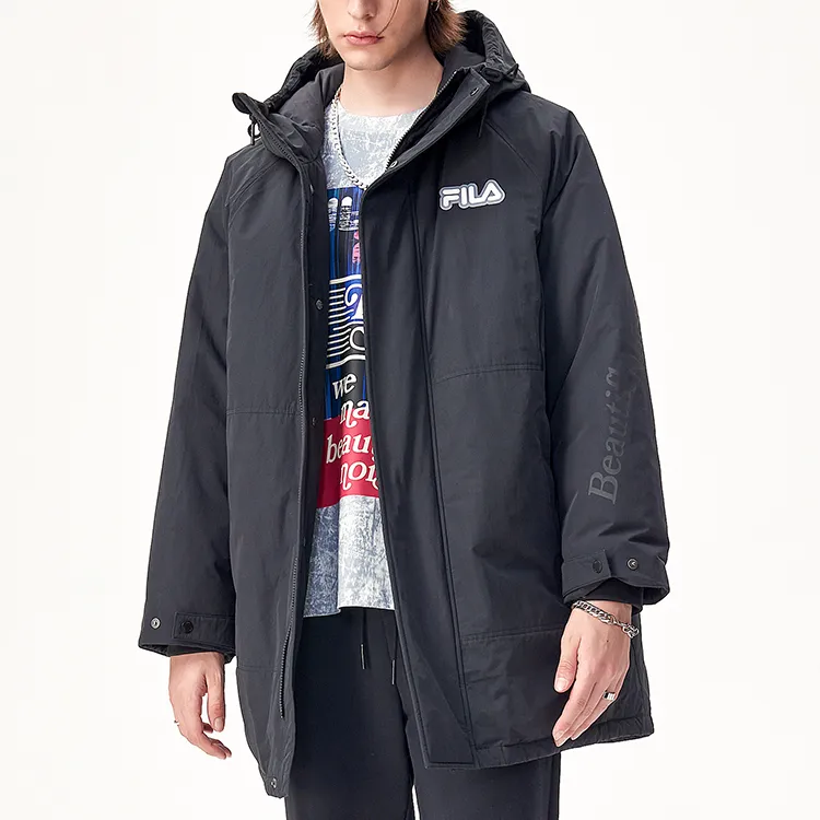 FILA FUSION TOKYO STUDIO Letter Hooded Loose Fit Mid Length Down Jacket Men's Pitch Black-4