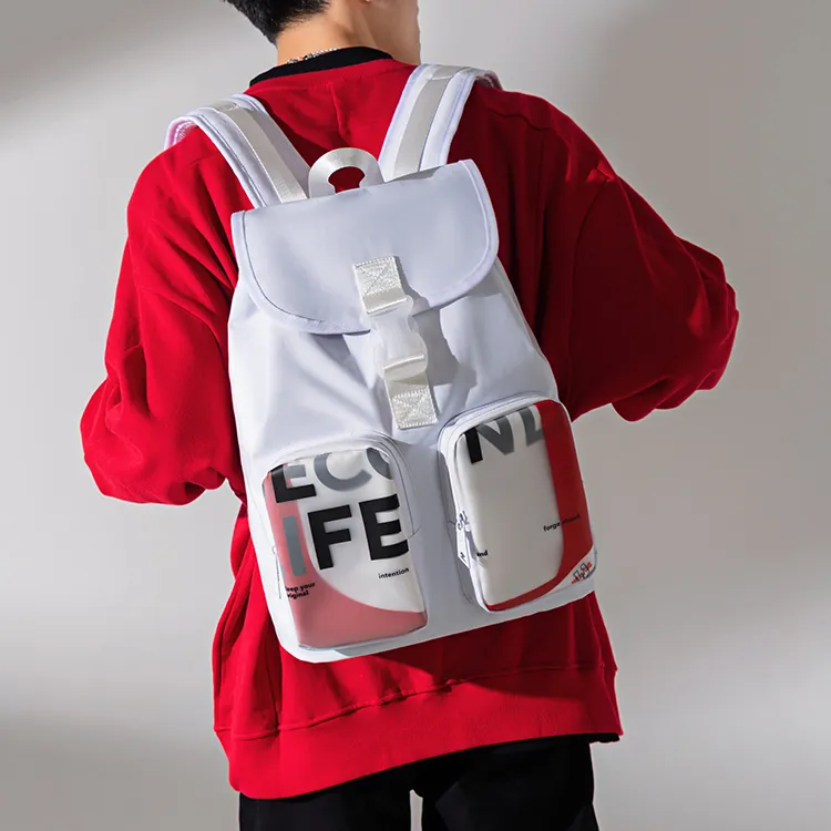 TURN UP Nylon Backpack Large Size Unisex White-7