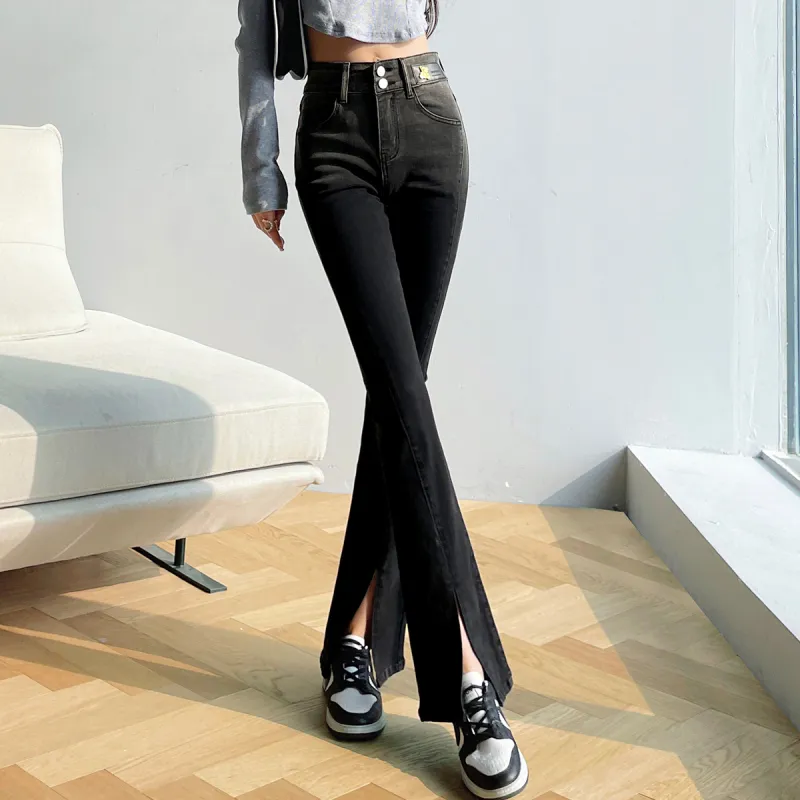 MITUAN Flared Pants Jeans Women's Black-3
