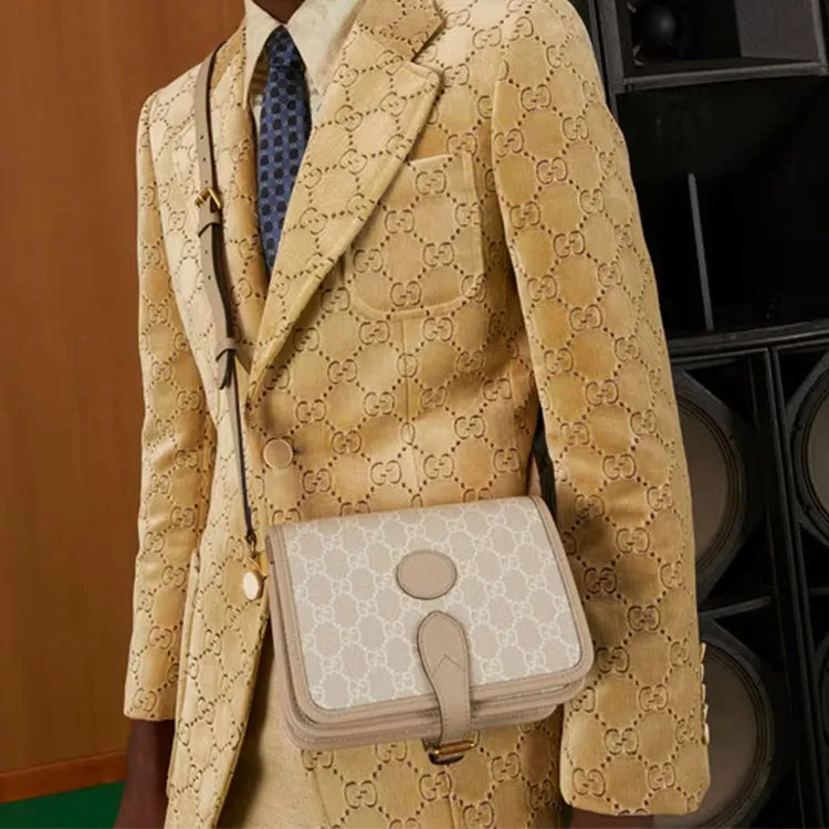 GUCCI Canvas With Leather Messenger Bag, Trunk Bag, Crossbody Bag, Shoulder Bag Mini Unisex Beige & White-8