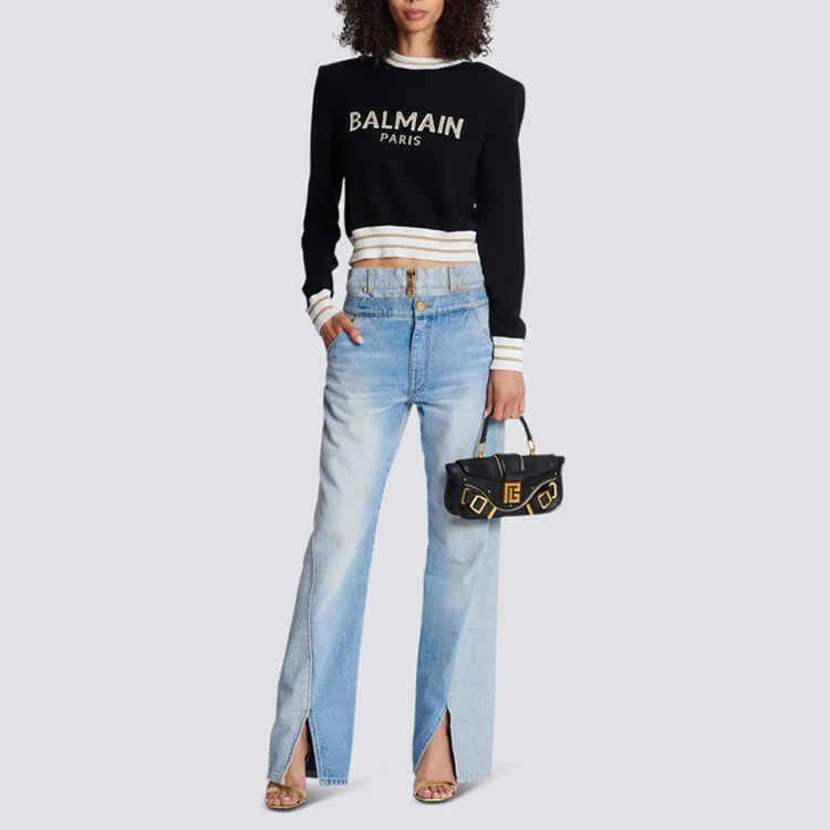 BALMAIN Logo Intarsia Knitted Cropped Jumper 'Black/Natural/Gold'-1