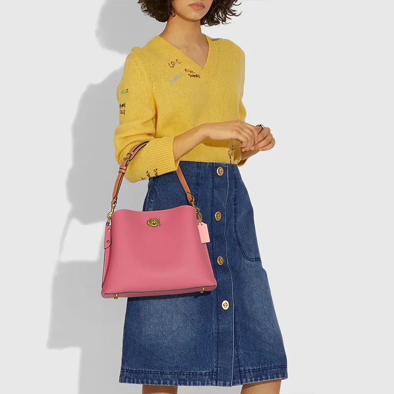 COACH Willow Grain Leather Handbag, Tote Bag, Shopping Bag, Shoulder Bag Tubas Women's Brass/Candy Pink-3