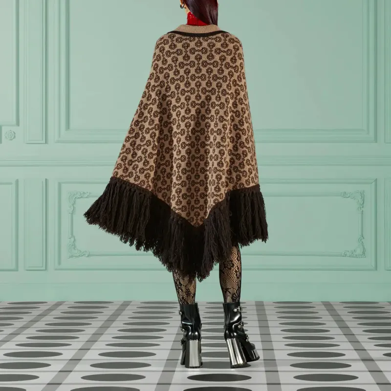 GUCCI Horsebit pattern Fringed Poncho-2