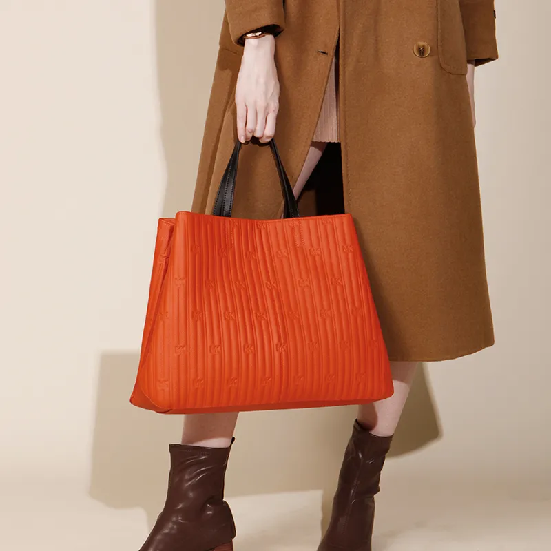 LMK Cow Leather Shoulder Bag Crossbody Bag Handbag Large Size Women's Vibrant Orange-1