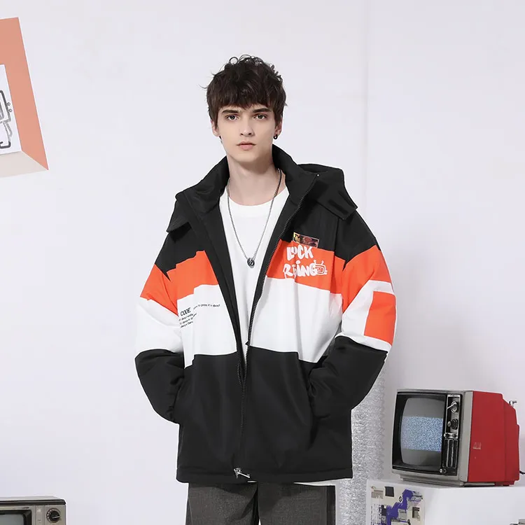 TVX Letter Colorblock Detachable Hood Loose Fit Puffer Jacket Unisex-3