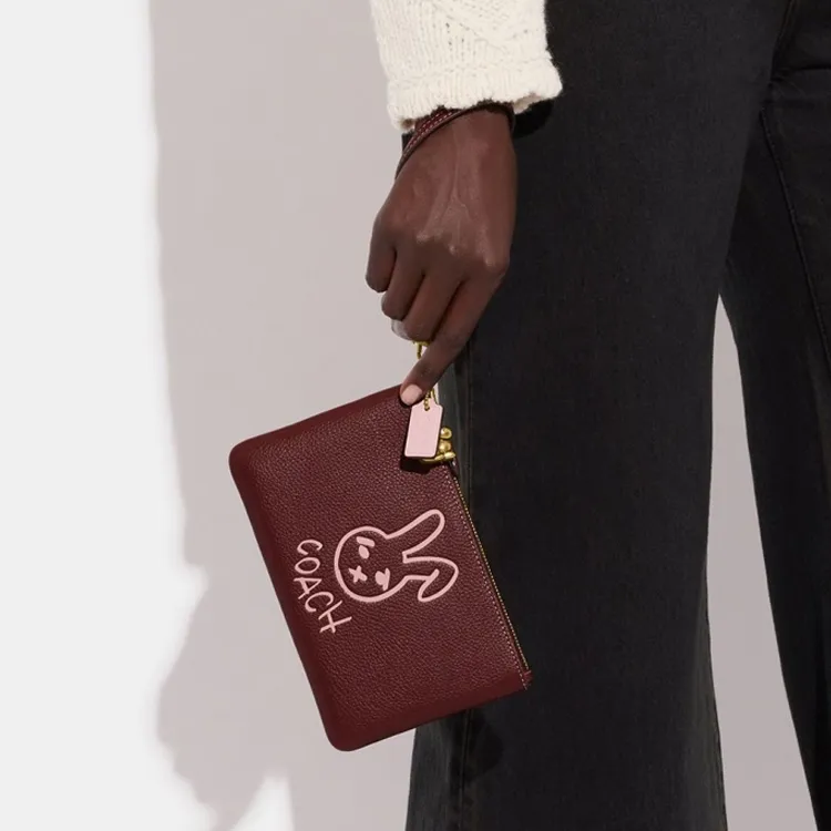 COACH Wristlet Pebbled Leather Wrist Bag Clutch Trumpets Women's Burgundy-2