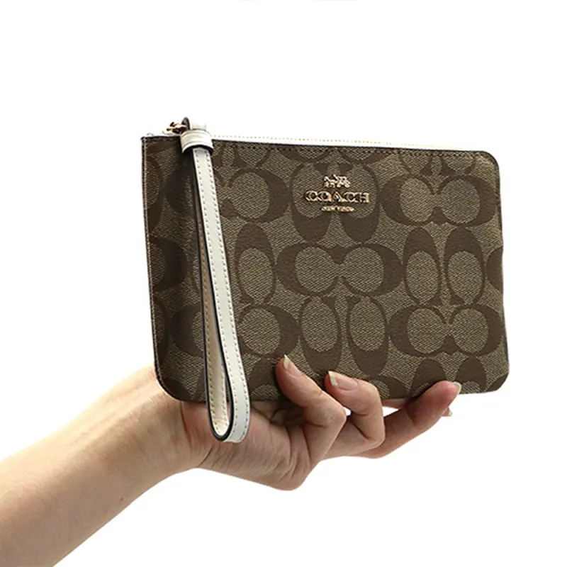 COACH Corner Zip Canvas With Leather Pochette Clutch Large Size Women's Khaki & White Wristband-3