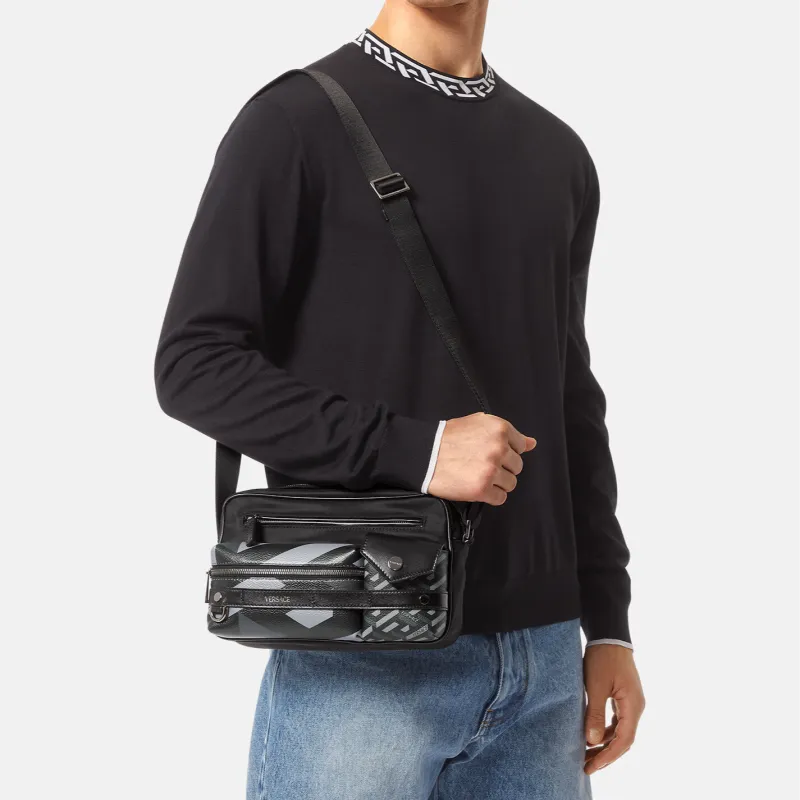VERSACE Calfskin Trim Messenger Bag Crossbody Bag Shoulder Bag Men's Black-5