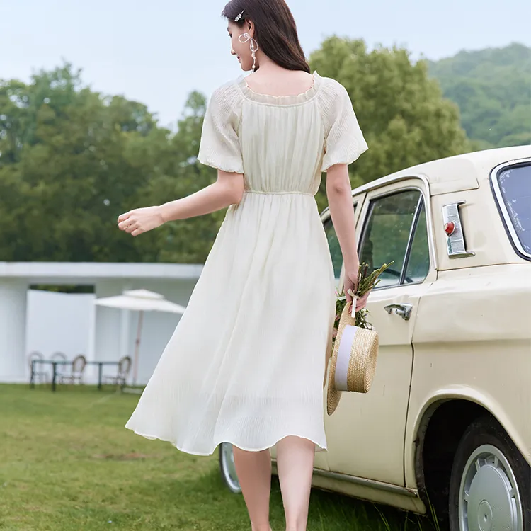 XIANGYING Short Sleeved Dress Women's Beige-1