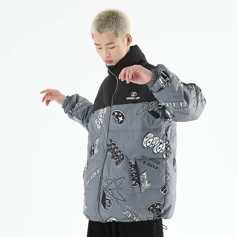 PCMY x Genesiszero Letter Geometric Pattern Stand Collar Loose Fit Thickened Puffer Jacket Unisex-9