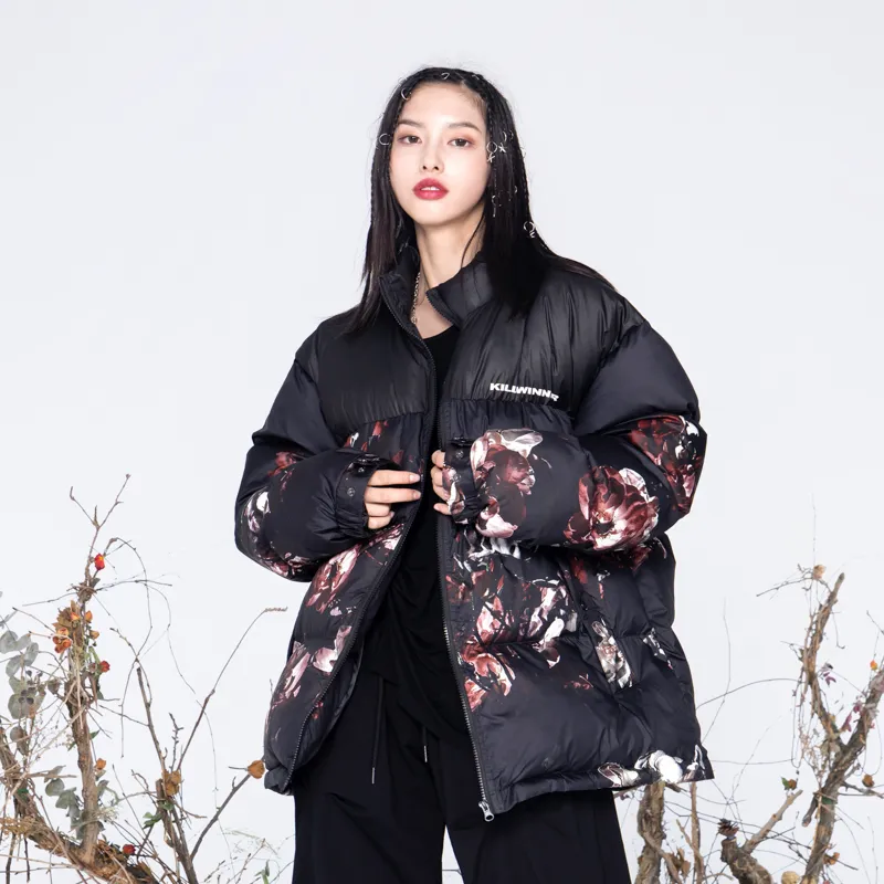 KILLWINNER Letter Stand Collar Loose Fit Thickened Puffer Jacket Unisex Black-2