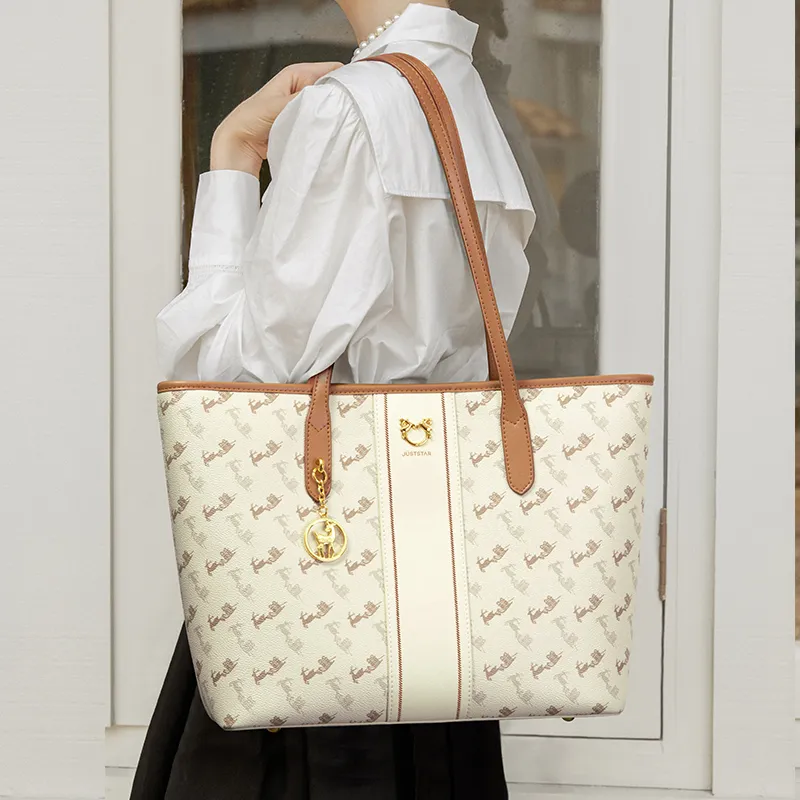 JUST STAR PU Tote Bag Shopping Bag Shoulder Bags Large Size Women's Milk Tea Ecru-3
