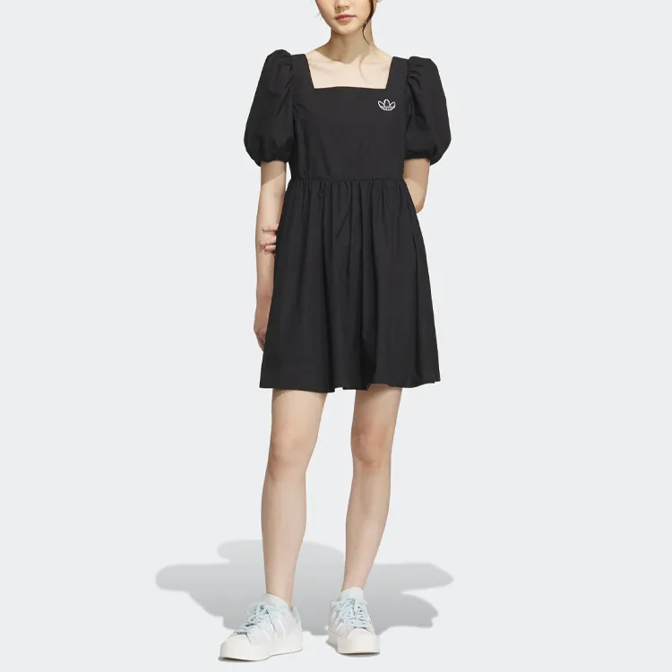 adidas originals X Monkey Kingdoml Women's Square Neck Lantern Sleeve Dress Black-1