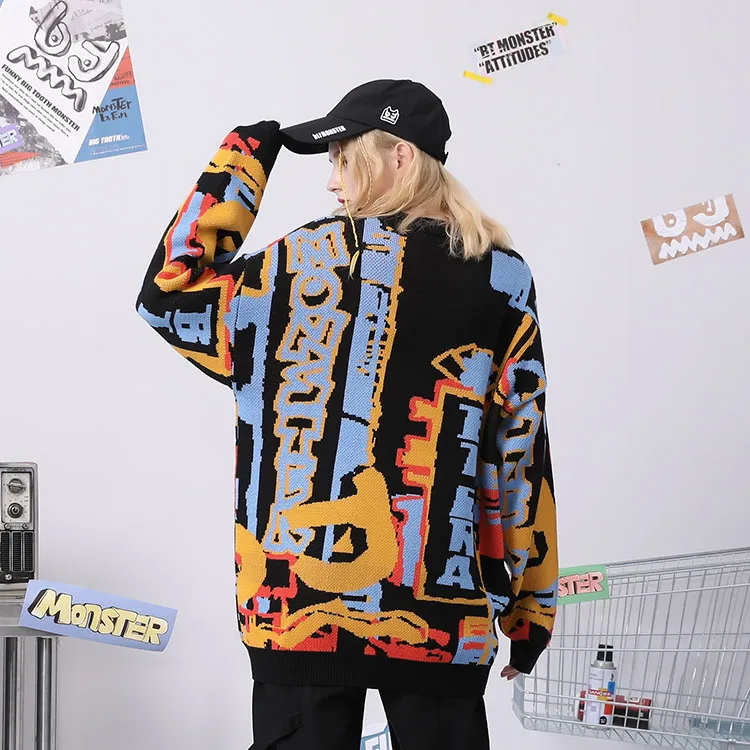 Loose Fit Sweater Unisex Black Yellow-3