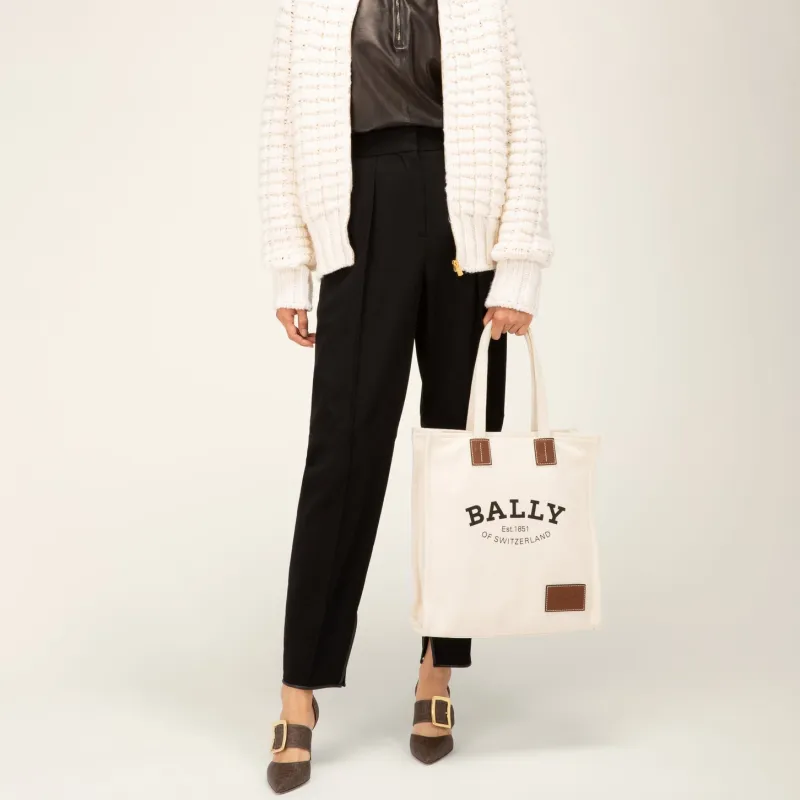 BALLY Crystalia Canvas With Calfskin Canvas Bag, Tote Bag, Shopping Bag, Handbag Medium Size Unisex White-9