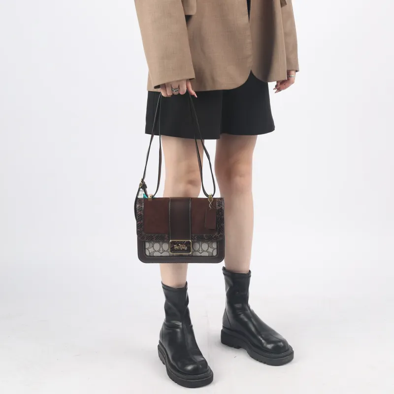 COACH Alie Fabric With Leather Messenger Bag Small Square Bag Crossbody Bag Shoulder Bag Women's Brown-5