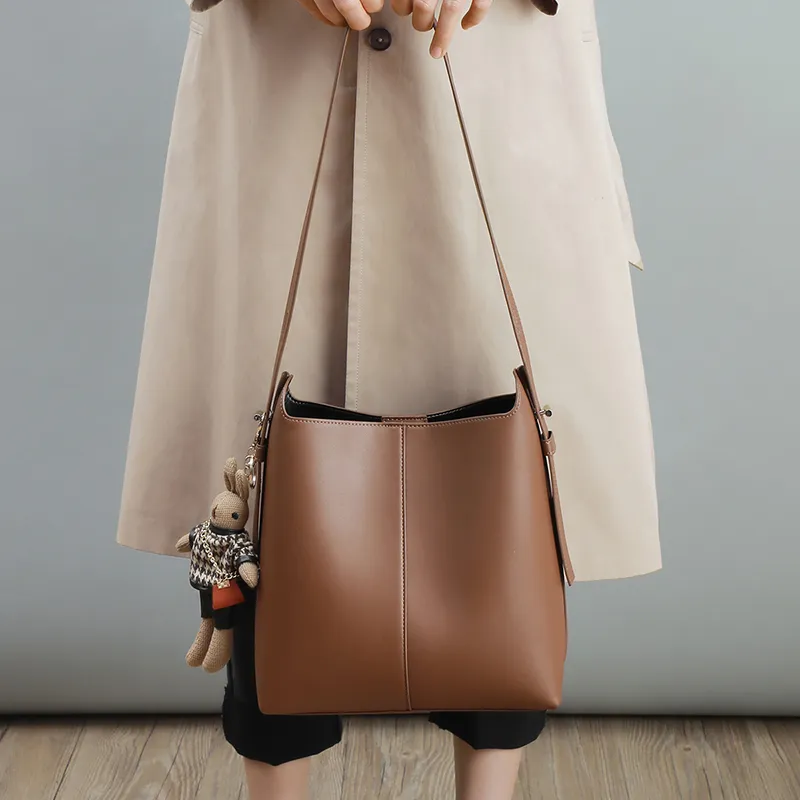 VINEY Cow Leather Shoulder Bag Crossbody Bag Bucket Bag Large Size Women's Caramel-2