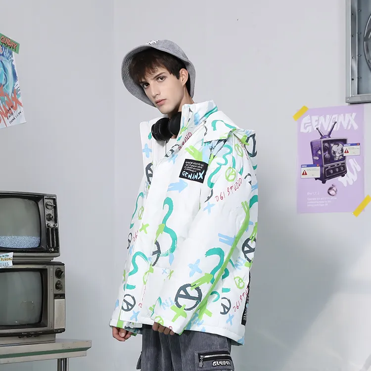 GENANX Letter Stand Collar Loose Fit Puffer Jacket Unisex White Green-2