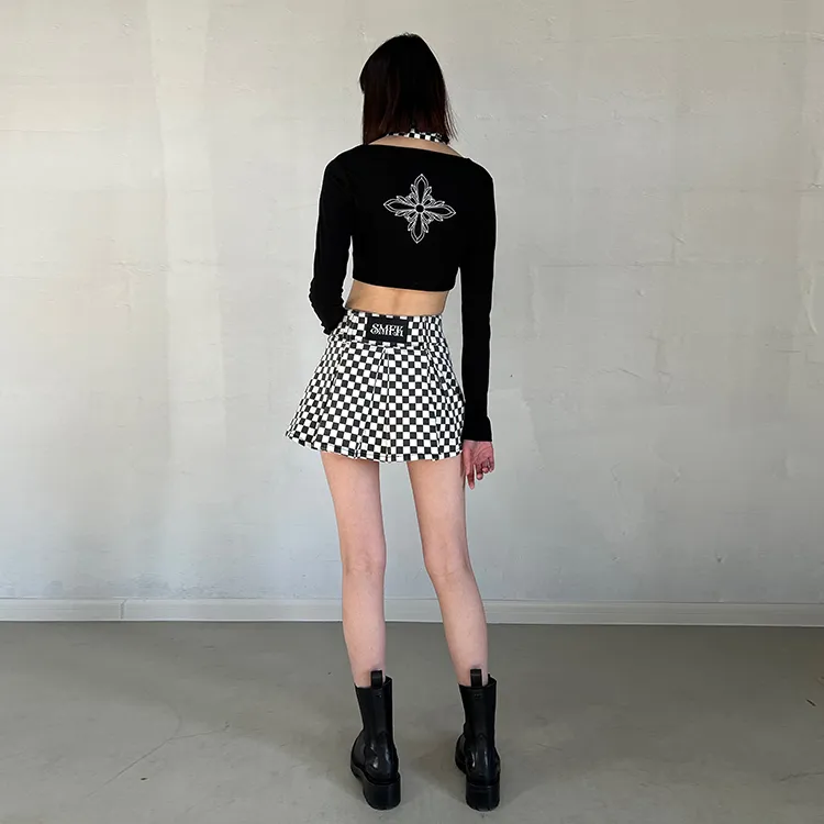 SMFK Casual Short Skirts Women's Black White Plaid-2