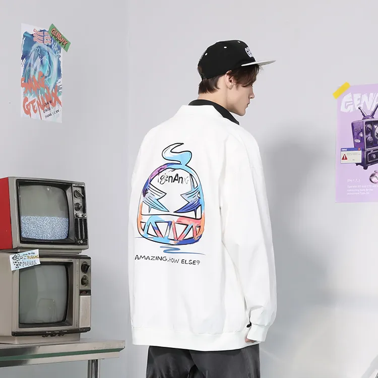 GENANX Loose Fit Baseball Jacket Unisex White-6