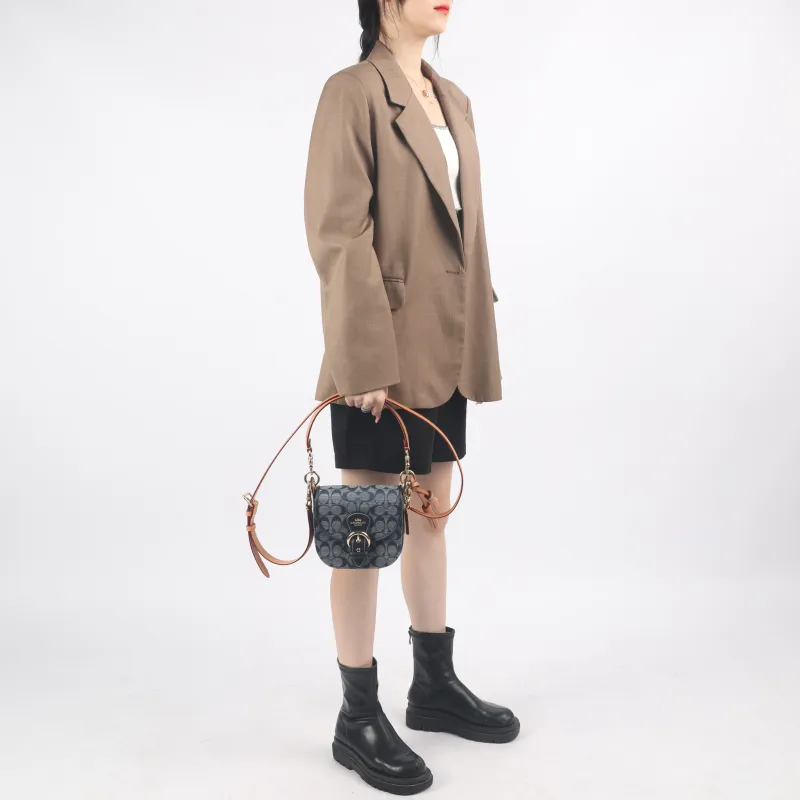 COACH Kleo Canvas Cow Leather Patchwork Shoulder Bag Women's Dark Blue Monogram Color & Black-4
