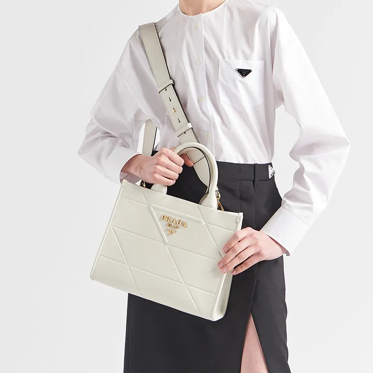 PRADA Leather Tote Bag Shopping Bag Shoulder Bag Crossbody Bag Handbag Medium Size Women's White-6