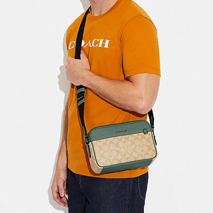 COACH Graham Cow Leather Shoulder Bag, Crossbody Bag Medium Size Men's Khaki & Green-4