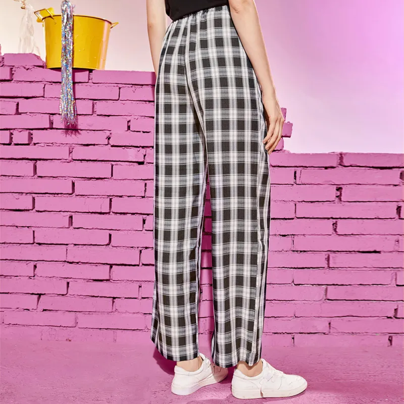 SEENFAAN Casual Pants Unisex Black Plaid Black-3