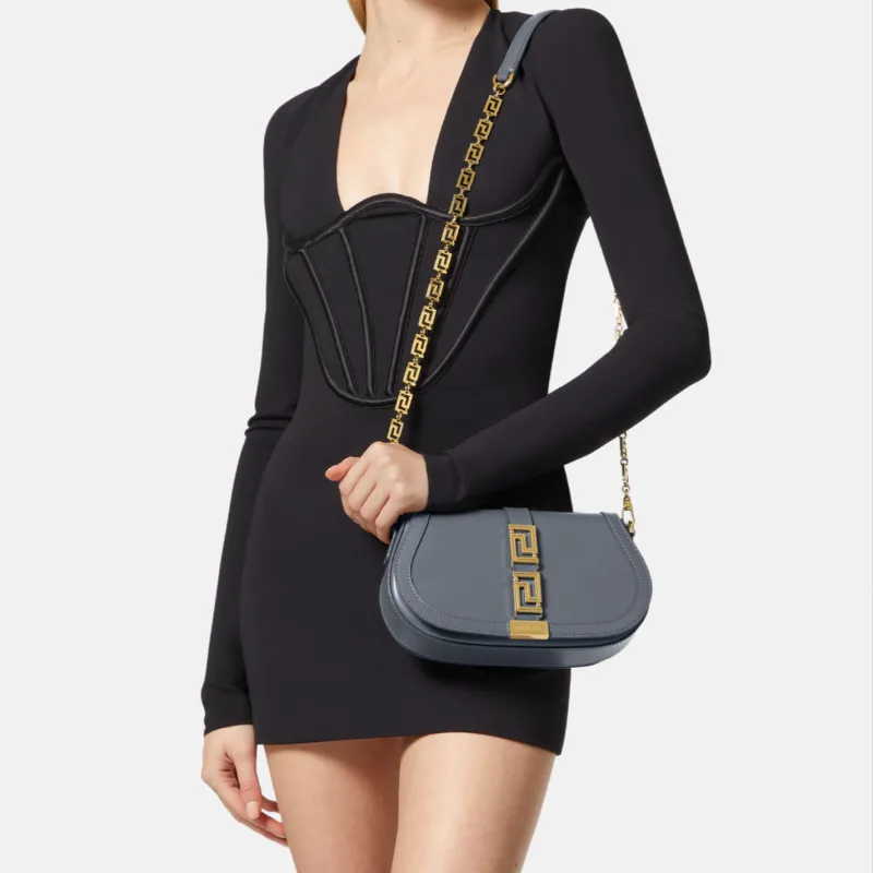 VERSACE Greca Goddess Cow Leather Portable Crossbody Bag, Shoulder Bag Women's Gray-4