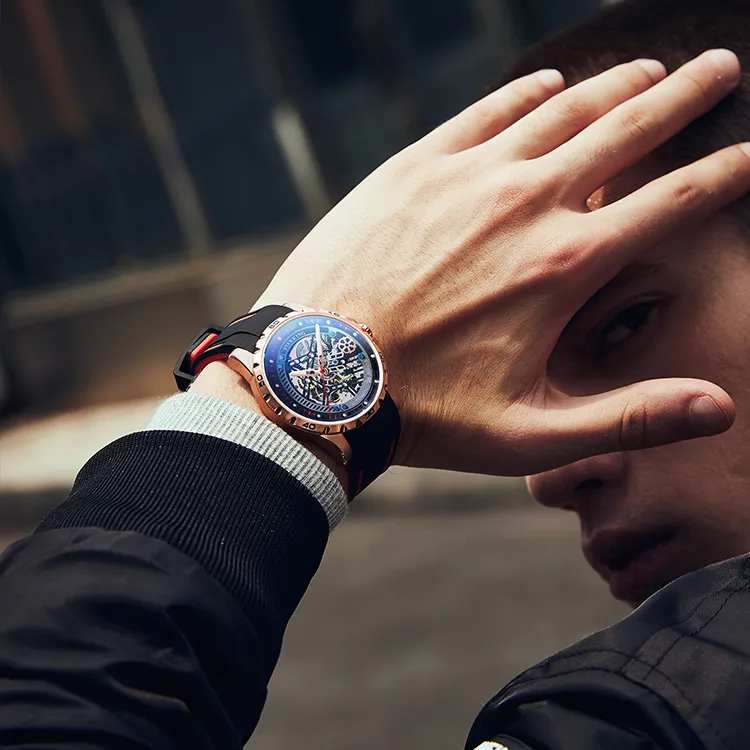 STARKING Automatic Mechanical Movement Rubber Strap Watch Men's Watches Black Dial-2