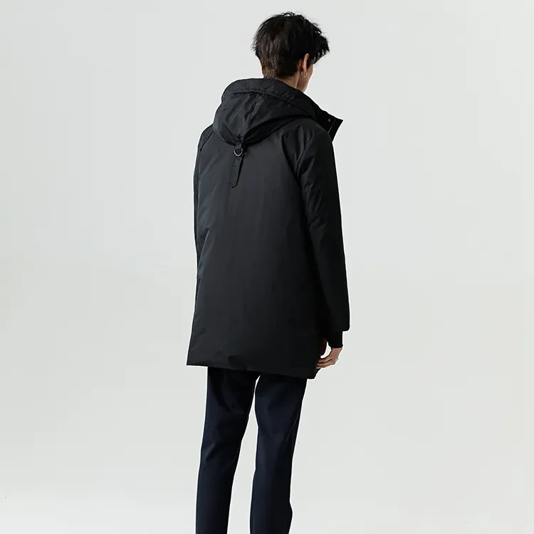 DAVID NAMAN Solid Color Hooded Mid Length Down Jacket Men's Black-4