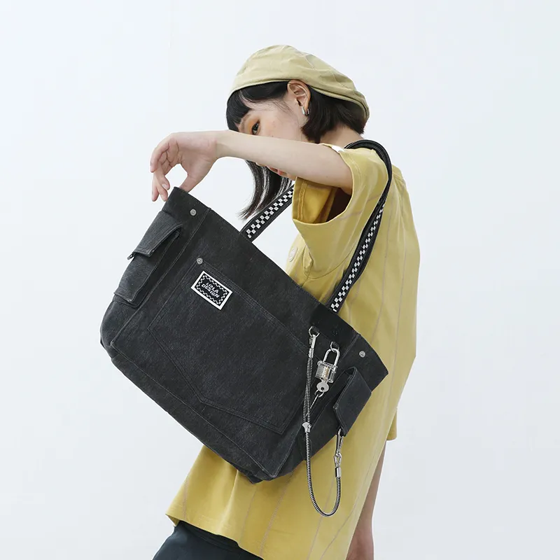 LOLA DESIGN Denim Tote Bag Shopping Bag Handbag Shoulder Bag Unisex Multicolor-3