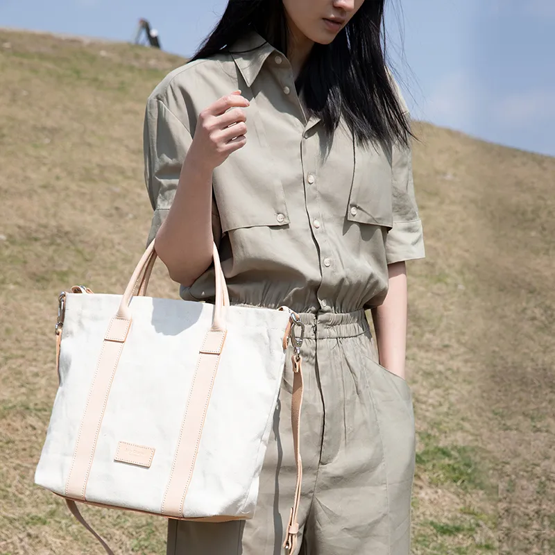 Julychagall Canvas Shoulder Bag, Crossbody Bag, Handbag Regular Unisex Ecru/Vegetable Tanned Cow Leather Original-1