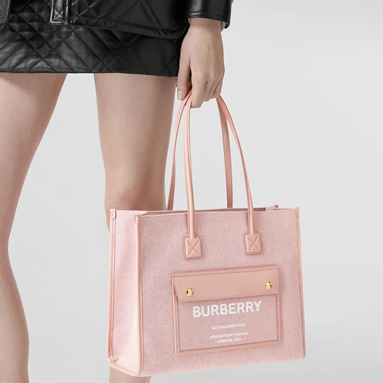Burberry Freya Canvas With Leather Tote Bag Shopping Bag Canvas Bag Handbag Small Size Women's Bright Red/Dark Pink-8