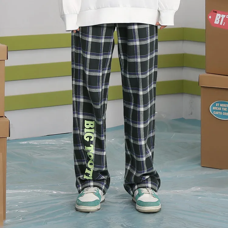 BIRDTALK Casual Pants Unisex Gray Green Plaid-2