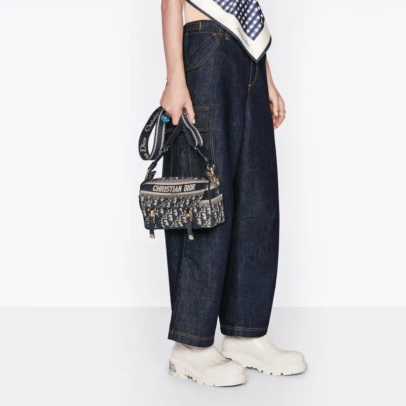 DIOR DiorCamp Pattern Embroidered Canvas Messenger Bag Shoulder Bag Crossbody Bag Small Size Women's Blue-5